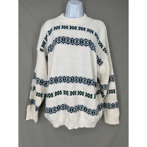 90s Vintage Sweater Womens XL White Fair Isle Nordic Blue Striped Cabin Cozy - Picture 1 of 10